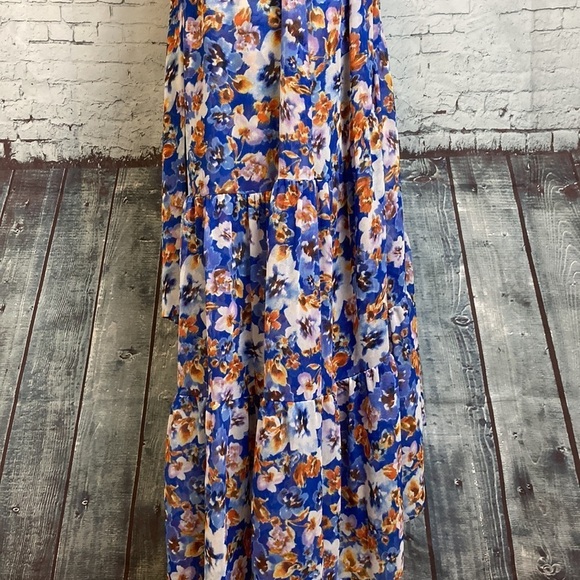 MISA Dominika Maxi Dress XS  Blue Pansy Floral Flowy Plunging Neckline Feminine - Picture 13 of 16
